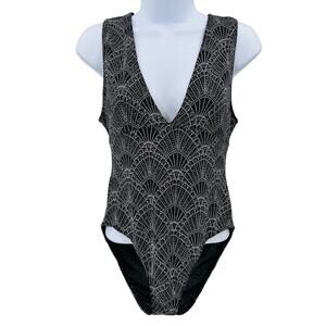 Divided Black/Silver Sparkly Glitter DeepV Sexy Bodysuit Women's Size M Stretchy
